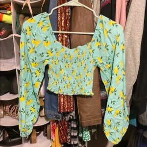 Floral Puff Sleeve Top - Green and Yellow